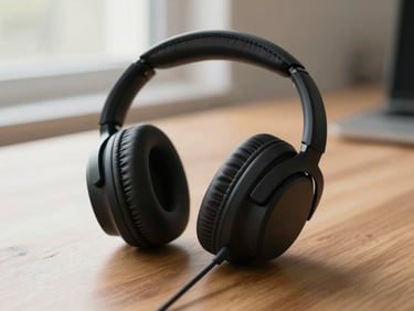 Matte black over-ear noise-cancelling headphones resting on a clean wooden desk, soft morning light from a window