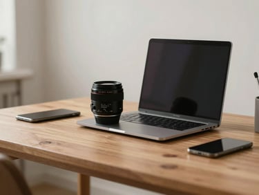 Minimalist setup and home office accessories on a wooden desk, soft natural lighting