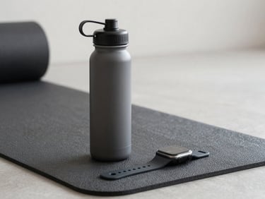 A sleek water bottle and minimalist smart watch on a fitness mat, clean studio light