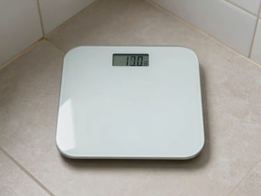 A minimalist smart scale on clean bathroom tiles, showing digital numbers
