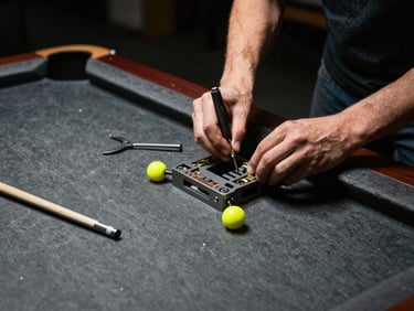 Tight shot of a technician carefully disassembling the intricate base of a slate pool table, specialized tools, harsh industrial lighting.