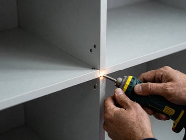 Close-up of hands using a power tool to carefully separate a complex joint in a large built-in cabinet, sparks minimal, high-contrast flash lighting.