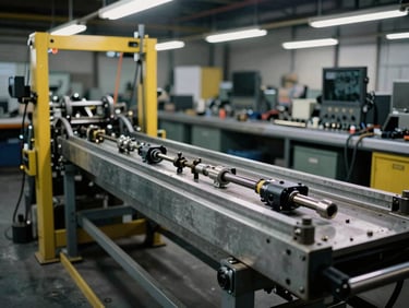 Visão ampla de um arquivo deslizante comercial sendo desmontado em um galpão, com foco nas ferramentas e na estrutura metálica, iluminação industrial.
