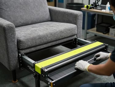 Visão macro de um mecanismo de sofá retrátil sendo desmontado por mãos com luvas de proteção, iluminação dura, ambiente industrial.