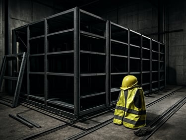Wide shot of a partially dismantled commercial sliding archive system in an industrial warehouse, protective gear visible, high-contrast lighting.