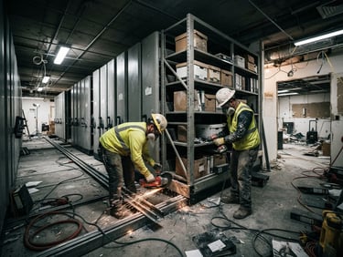 Wide shot of a commercial office space during disassembly, workers in protective gear using power tools on a large sliding archive system, industrial lighting, high contrast.