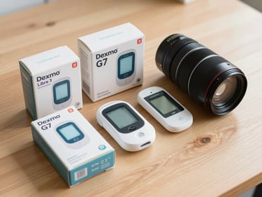 A neat arrangement of factory-sealed Dexcom G7, Freestyle Libre 3, and Omnipod boxes on a clean wooden surface, shot from a high angle in bright natural light.