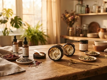 Warm, golden-hour window light illuminating a cozy studio space with botanical ingredients and open jars of Aurganica skincare products on a wooden table, soft focus background.