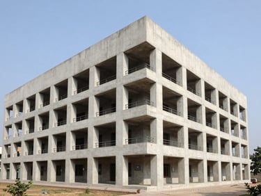 Wide architectural photograph of a modern institutional concrete building in India under bright daylight, clean lines, professional engineering aesthetic.