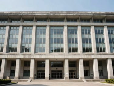 Wide architectural shot of a massive institutional building facade under bright daylight, clean concrete and glass structure, straight-on perspective.