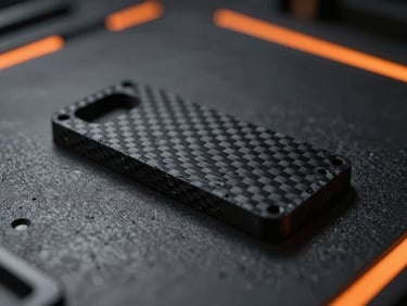 Macro shot of a 3D printed part made from black carbon-fiber reinforced PETG, showing the matte texture and subtle fiber pattern, on a dark industrial surface with orange glow accents.