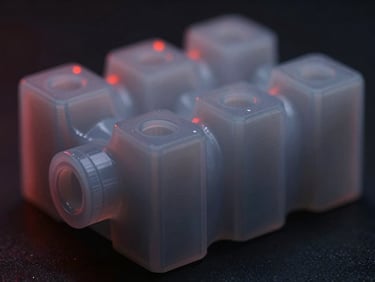 Close-up of a 3D printed part made from translucent gray engineering Nylon, highlighting its smooth finish and slight elasticity, under low-key studio lighting with red highlights.