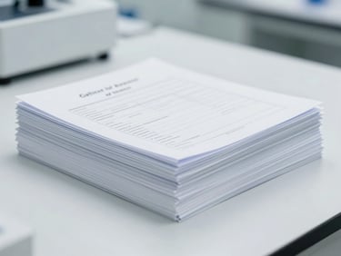 Stack of neatly organized, official-looking Certificates of Analysis documents on a clean white laboratory bench, cool tones.