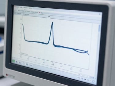 Close-up of an HPLC chromatogram readout on a screen in a sterile lab, showing clear peaks and data, crisp white light, cool tones.