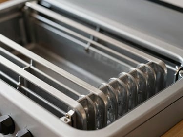 Close-up of clean internal heating elements of a professional electric range, focused technical lighting.