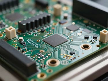 Macro shot of a pristine digital circuit board of a modern oven, focused task lighting, clean industrial details.