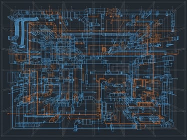 Orthographic wireframe view of a complex commercial HVAC ductwork system in a BIM model, cool blue and orange vector lines, high-contrast engineering blueprint aesthetic