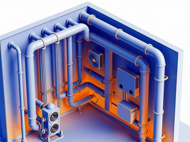 High-contrast 3D model of mechanical room piping and HVAC ducts, color-coded by system, crisp technical rendering, 35mm