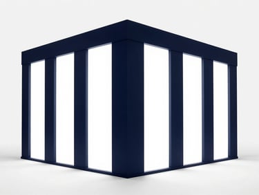 Sleek exhibition stand with high-contrast visual communication panels and dynamic lighting, modern design