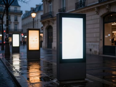 Sleek digital street furniture screen glowing at twilight on a Paris boulevard, wet asphalt, warm reflections, architectural integration
