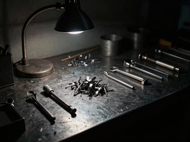 Tactile raw prototype materials, metal shavings on a dark steel workbench, dramatic late-night desk lamp illumination, moody cinematic photography, deep shadows.