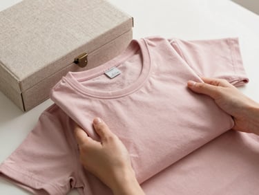 Hands gently holding a soft-touch personalized t-shirt alongside a linen-bound memory box, diffused morning light, dusty rose tones.