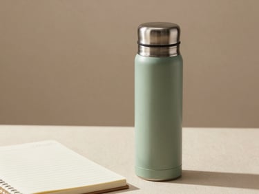 A sleek sage-green stainless steel thermos next to a neatly labeled linen notebook, soft side-lighting, warm minimalist composition.