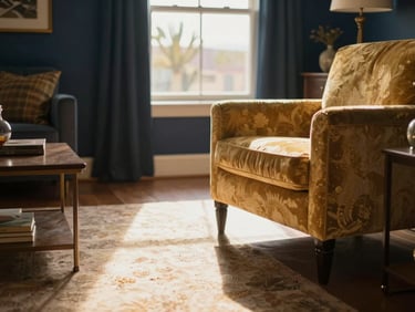 Warm editorial photography of a sunlit living room showing a clear walking path, a soft gold-accented armchair, and warm Arizona sunlight streaming through a window, shallow depth of field.