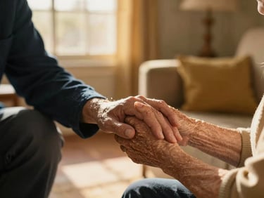 Close-up of a warm caregiver holding a senior woman's hand in a sunlit living room with golden Arizona light filtering through the window, shallow depth of field, warm editorial photography.