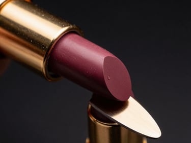 Extreme macro shot of a rich plum-toned lipstick bullet being sliced by a golden palette knife, dramatic chiaroscuro lighting, dark obsidian background