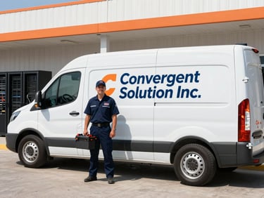 Branded white Convergent Solution Inc. service vehicle with a technician in uniform standing beside it, holding a toolkit, parked in front of a commercial building, sunny daylight.