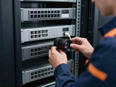 Close-up of a technician's hands in branded uniform operating testing equipment, clean server room lighting, crisp technical detail, 35mm lens.