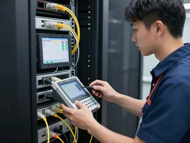 Technician in branded uniform using OTDR testing equipment on fiber optic cables, focus on the screen displaying test results, clean data center environment.