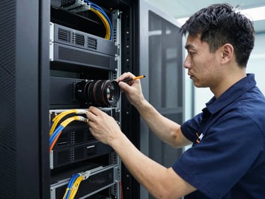 Technician in branded uniform working on physical network infrastructure, focused expression, high-contrast, 35mm lens, organized cabling visible.