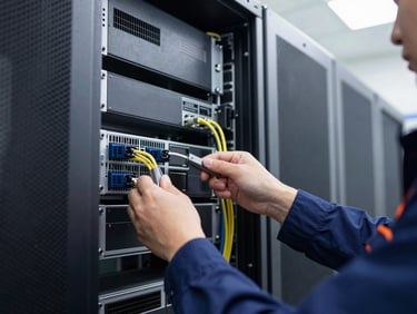 Technician in branded uniform working on a neat server rack, close-up of hands connecting cables, crisp fluorescent lighting.