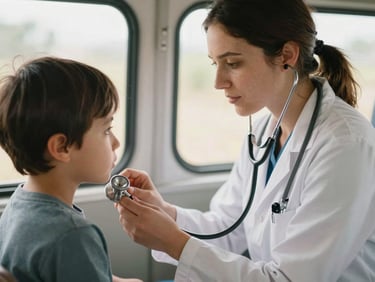 Healthcare worker with a stethoscope examining a child in a mobile clinic, warm natural light, soft organic tones, authentic moment, shallow depth of field, 35mm.