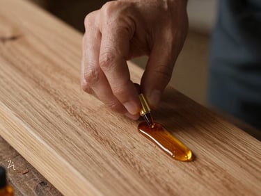 Close-up of a craftsman's hands carefully applying natural amber-toned oils to a textured elm wood slab, highlighting the deep organic grain under soft, warm side-lighting.