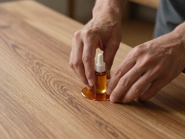 Hands of an artisan applying natural amber-toned oils to a finished elm tabletop, bringing out the rich, glowing grain patterns under soft side-lighting