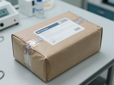 Overhead view of a sealed, labeled medical courier package on a clean workstation surface, a temperature-condition indicator sticker visible on the lid, practical clinic lighting
