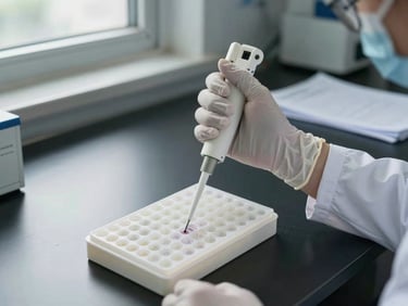 A laboratory workstation during active processing, gloved hand holding a pipette over a labeled sample tray under north-facing daylight from a high window, paperwork visible in the background