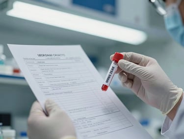 Tight close-up of a lab technician's gloved hands cross-referencing a printed intake form against a labeled specimen vial on a laboratory bench, clinical fluorescent overhead light, documentary precision framing, no faces visible