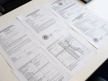 Overhead flat-lay of official municipal building permit documents, stamped approval sheets and cadastral plot plans spread on a white desk under diffuse office light, government seals visible on printed sheets