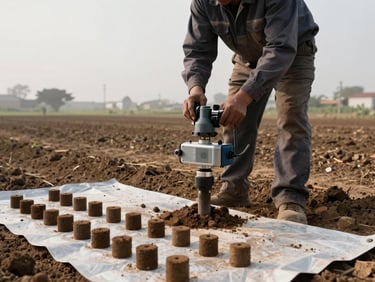 Field technician operating soil boring equipment on an open Lima terrain plot, morning overcast light, soil sample cores laid out on a tarp in the foreground, technical precision framing