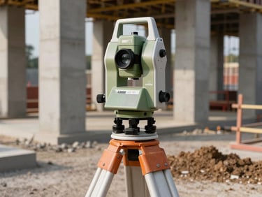Closeup of a total station surveying instrument on a tripod at an active construction site, concrete columns in background under natural daylight, soil and gravel ground surface in foreground