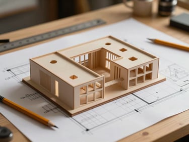 Medium shot of an architectural model and printed floor plans on a drafting table under warm tungsten light, pencil and scale ruler visible, detail of structural grid lines on the plan sheets