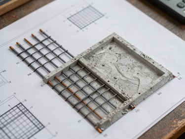 Close-up overhead shot of structural calculation sheets and reinforced concrete rebar layout drawings on a drafting table, tungsten lighting preserving texture, pencil marks visible, technical precision evident