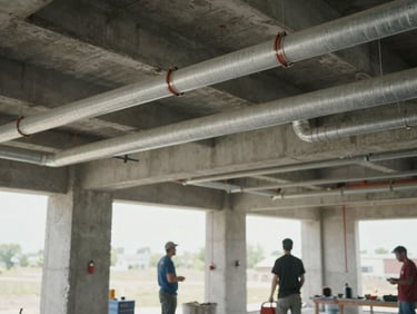 Medium shot of MEP rough-in installation in progress inside a concrete frame building, conduit and sanitary pipes coordinated in a ceiling plenum, natural daylight through unfinished openings, workers in background