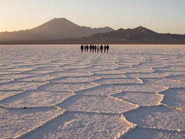 Wide environmental shot of the Atacama salt flats at golden hour, vast white expanse extending to distant volcanic peaks, a small group of travelers walking single file in the middle distance, warm amber light raking the salt crust