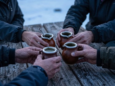 Close-up of two travelers' hands passing a warm mate gourd around a weathered wooden camp table, frost visible on jacket sleeves, early morning blue-hour light filtering through canvas, other hands reaching in from frame edges — candid, intimate, never staged