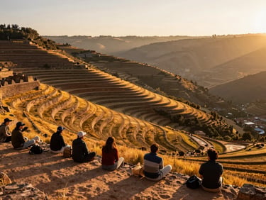 Panoramic view of the Sacred Valley at golden hour, terraced Incan hillsides glowing amber, a group of travelers seated on stone ruins in the foreground looking toward the valley, soft haze in the distance